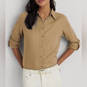 NWT Lauren Ralph Lauren Point Collar Long Button Up Linen Shirt